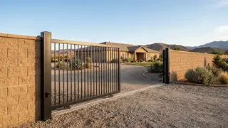 A black steel rolling driveway gate half open across a gravel drive in front of a single story desert home